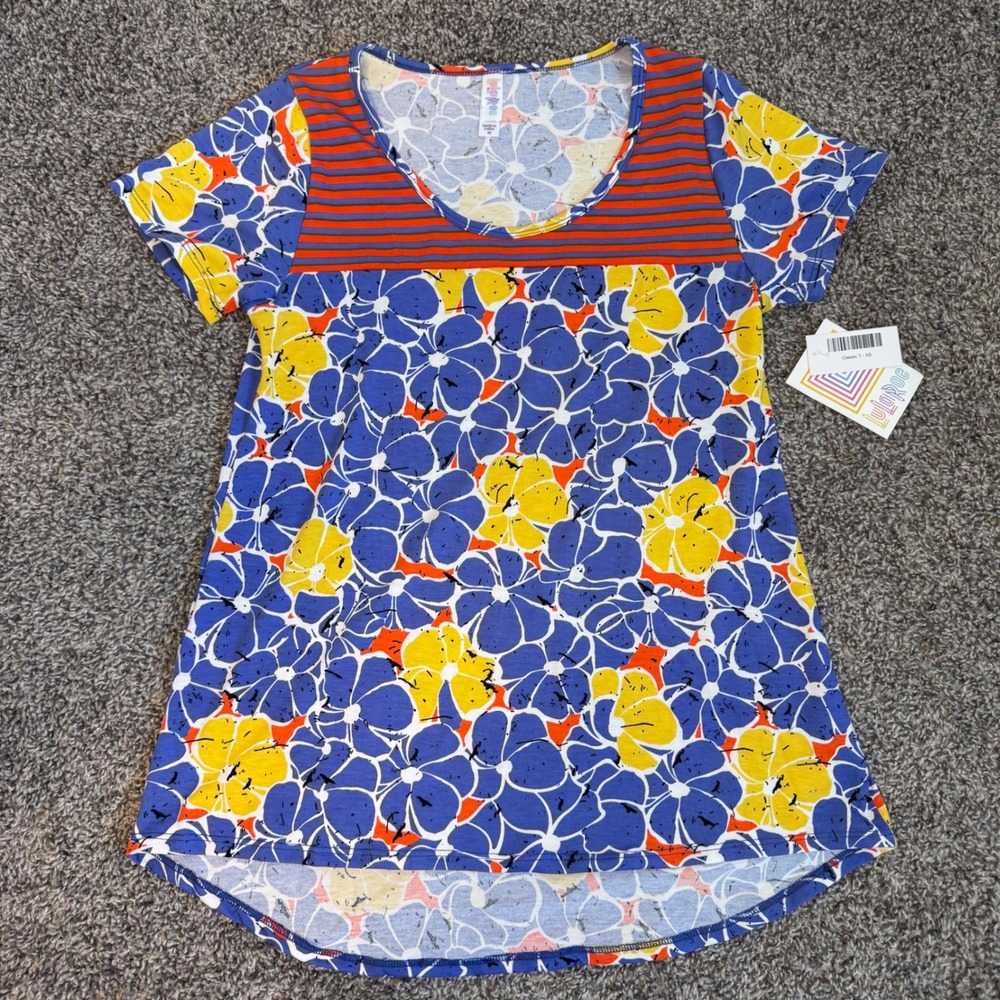 NWT LuLaRoe Classic T Women's Size XS Purple with Floral Print & Stripes Hi Low